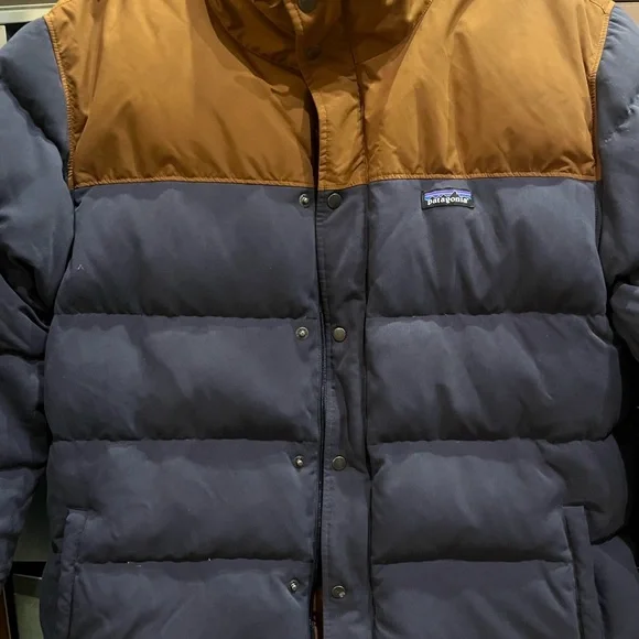 Patagonia Men's Bivy Two-Tone Blue Brown Puffer Jacket - Picture 3 of 9